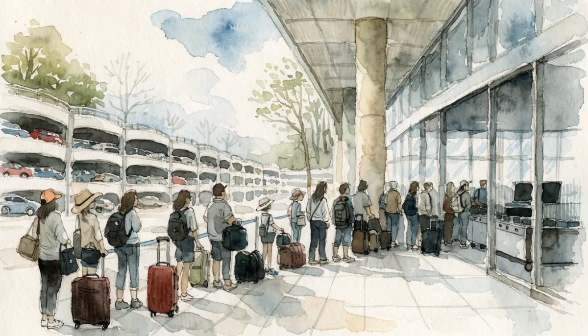 Lines Snaking Past the Parking Garage